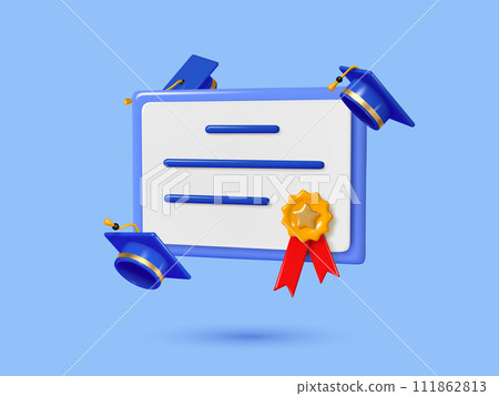 3d diploma, certificate with medal and graduation caps. 3d render vector illustration. 3d diploma, certificate with medal and graduation caps. 3d render vector illustration. 111862813