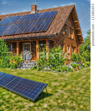 House with solar panels on the roof 111862853