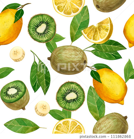Watercolor seamless background. Ripe fruits: kiwi, banana slices, lemons, fruit slices, leaves, hand painted with watercolors. For printing on fabric and paper, kitchen, dishes Watercolor seamless background. Ripe fruits: kiwi, banana slices, lemons, fruit slices, leaves, hand painted with watercolors. For printing on fabric and paper, kitchen, dishes 111862868