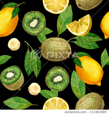 Watercolor seamless background. Ripe fruits: kiwi, banana slices, lemons, fruit slices, leaves, hand painted with watercolors on a black background. For printing on fabric and paper, kitchen, dishes Watercolor seamless background. Ripe fruits: kiwi, banana slices, lemons, fruit slices, leaves, hand painted with watercolors on a black background. For printing on fabric and paper, kitchen, dishes 111862869