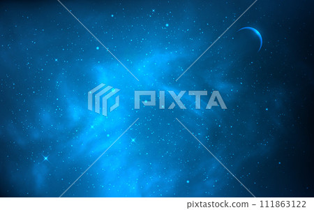 Night sky. Starry background with planet. Blue galaxy with realistic clouds. Glowing cosmos texture. Deep space backdrop. Shining nebula with stars. Vector illustration 111863122