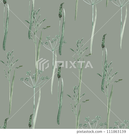 Watercolor illustration grass seamless pattern. Hand drawn background with field flower and green leaves on isolated background. Vintage wallpaper with herbs and wildflowers Watercolor illustration grass seamless pattern. Hand drawn background with field flower and green leaves on isolated background. Vintage wallpaper with herbs and wildflowers 111863139