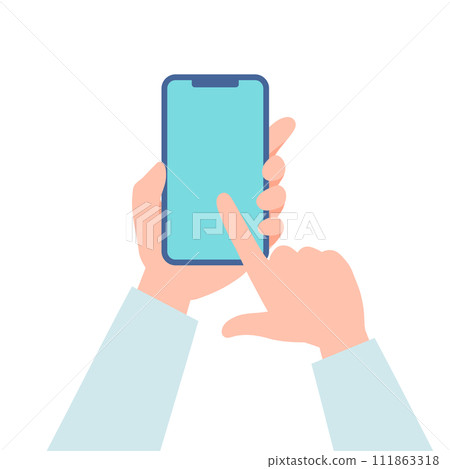 Overhead view of hand operating a smartphone 111863318