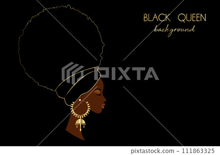 Black queen template, portrait African woman in Afro Curly hair, luxury golden earrings and turban. Beauty fashion design. Vector illustration isolated on black background. 111863325