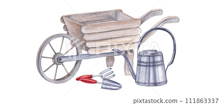 Watercolor garden tools. Illustration isolated on white. Watering can, wheelbarrow, hand trowels, fork for flowering and gardening. Watercolor illustration for the design of books, magazines Watercolor garden tools. Illustration isolated on white. Watering can, wheelbarrow, hand trowels, fork for flowering and gardening. Watercolor illustration for the design of books, magazines 111863337