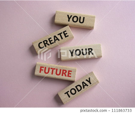 Future and development symbol. Wooden blocks with words You Create your Future today. Beautiful pink background. Business and Future and development concept. Copy space. 111863733
