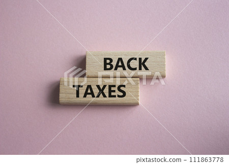 Back Taxes symbol. Concept word Back Taxes on wooden blocks. Beautiful pink background. Business and Back Taxes concept. Copy space 111863778