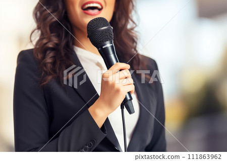 AI-generated content. Motivational female speaker with microphone speaking on stage 111863962