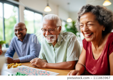 AI-generated content. Multiracial seniors having fun during board game in geriatric clinic or nursing home 111863967