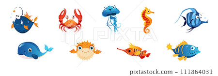 Cute Sea Animals and Marine Creature Floating in Ocean Vector Set Cute Sea Animals and Marine Creature Floating in Ocean Vector Set 111864031