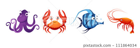 Cute Sea Animals and Marine Creature Floating in Ocean Vector Set Cute Sea Animals and Marine Creature Floating in Ocean Vector Set 111864034