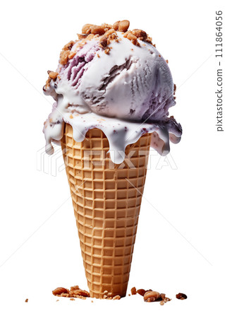 AI-generated content. Scoops of melting blueberry ice cream in a waffle cone with scattered nuts isolated on white background 111864056