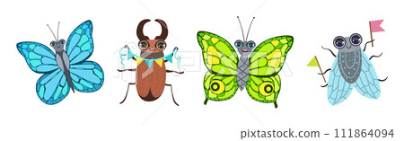 Funny Insect and Crawling Creature with Large Eyes Vector Set 111864094
