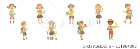 Happy Kid Scout Character in Khaki Uniform Vector Set Happy Kid Scout Character in Khaki Uniform Vector Set 111864098