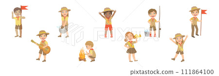 Happy Kid Scout Character in Khaki Uniform Vector Set Happy Kid Scout Character in Khaki Uniform Vector Set 111864100