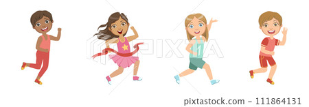 Kids Running Marathon Participate in Sport Competition Vector Set Kids Running Marathon Participate in Sport Competition Vector Set 111864131