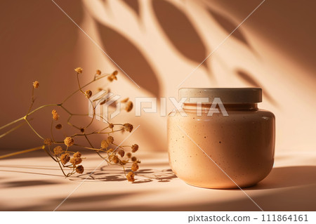 AI-generated content. Elegant Glass Jar of Natural peach Body Scrub in Soft Lighting 111864161