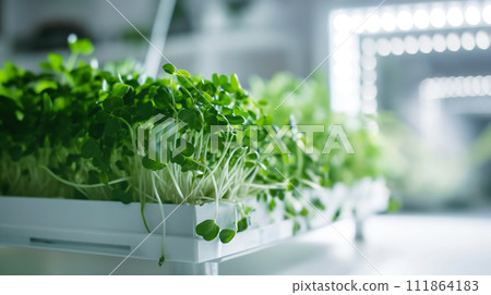 AI-generated content. Fresh microgreens growing in planter, illuminated by a grow light 111864183