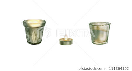 Set of wax candles. Watercolor illustration of a burning glass candle Good for compositions spa, yoga, booklets for salons,religious compositions. 111864192