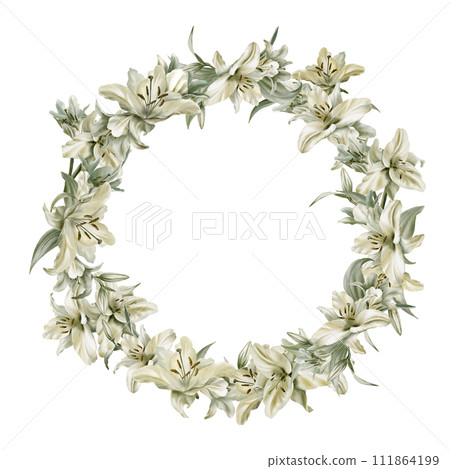 Watercolor floral wreath of white lilies isolated on white background. Hand drawn clipart sage leaf colors. Frame for wedding invitations, greeting cards, birthday invitations. Watercolor floral wreath of white lilies isolated on white background. Hand drawn clipart sage leaf colors. Frame for wedding invitations, greeting cards, birthday invitations. 111864199