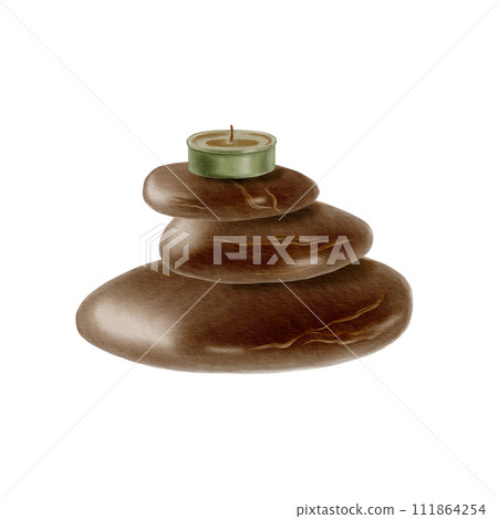 Watercolor massage stones stacked and a candle on top. Isolated illustration on white background. Accessory for aromatherapy. Wellness and beauty salon spa concept. Healthy lifestyle. Watercolor massage stones stacked and a candle on top. Isolated illustration on white background. Accessory for aromatherapy. Wellness and beauty salon spa concept. Healthy lifestyle. 111864254