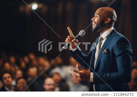 AI-generated content. Motivational male speaker with microphone speaking on stage 111864255