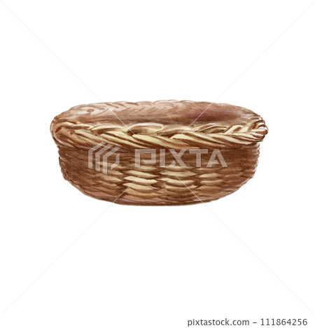 Watercolor old wicker basket Isolate illustration on white background in vintage style.Wicker brown basket made of natural material-vines. 111864256