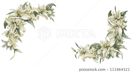 Watercolor corner frame of white lily flowers with leaves. For postcards, invitations, flyers, websites, flower stores, labels, packaging, wrapping paper. Watercolor corner frame of white lily flowers with leaves. For postcards, invitations, flyers, websites, flower stores, labels, packaging, wrapping paper. 111864321