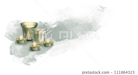 Set of wax candles with dinamic spot on background. Watercolor illustration of a burning glass candle. Good for compositions spa, yoga, booklets for salons,religious compositions. Set of wax candles with dinamic spot on background. Watercolor illustration of a burning glass candle. Good for compositions spa, yoga, booklets for salons,religious compositions. 111864323