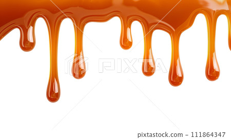 AI-generated content. Dripping Melted caramel sauce drops isolated on white background AI-generated content. Dripping Melted caramel sauce drops isolated on white background 111864347