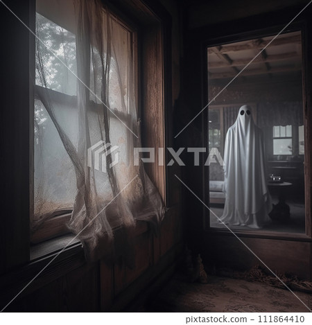 Nightmare, horror, ghost, bad dream, white figure in a dark room, fantastic magical creature. 111864410