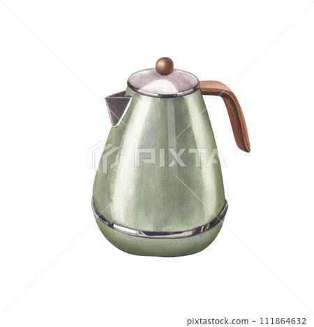 Modern green electric kettle, speed-boil for coffee or tea. Watercolor hand-drawn illustration isolated on white background. Perfect for recipe lists with drinks, brochures for cafe. Side view. 111864632