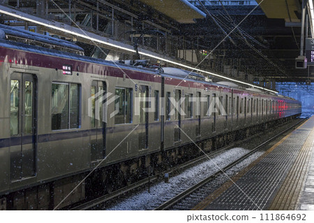 Keio Line bound for Shinjuku Train running in the snow Takahata Fudo Station Keio 5000 series Keio 5000 series Keio Liner Keio Line bound for Shinjuku Train running in the snow Takahata Fudo Station Keio 5000 series Keio 5000 series Keio Liner 111864692