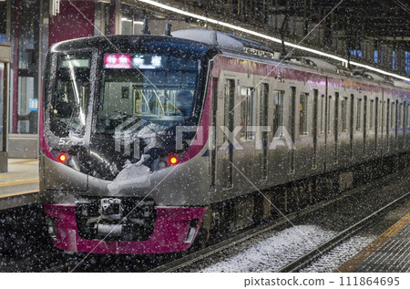 Keio Line bound for Shinjuku Train running in the snow Takahata Fudo Station Keio 5000 series Keio 5000 series Keio Liner Keio Line bound for Shinjuku Train running in the snow Takahata Fudo Station Keio 5000 series Keio 5000 series Keio Liner 111864695