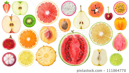 Collection of different fruits cross sections, isolated on white background Collection of different fruits cross sections, isolated on white background 111864778