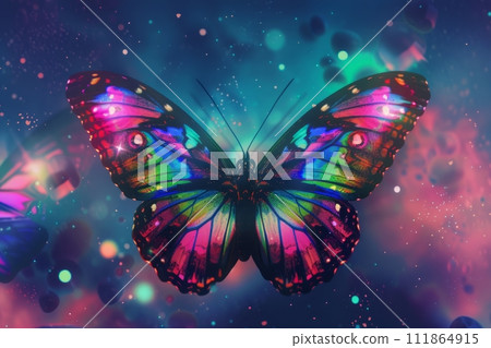 A vibrant purple butterfly, a vital pollinator and beautiful arthropod, gracefully soars in the sky among pink and violet petals 111864915