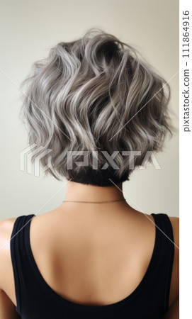 Rear view of a girl with short haircut gray hair, care and hair care concept 111864916