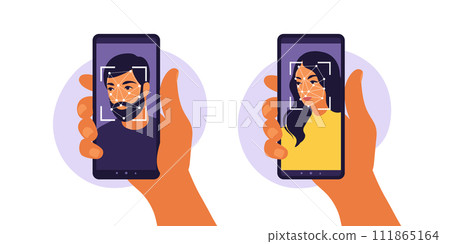 Facial recognition system concept. Face ID, face recognition system. Facial biometric identification system scanning on smartphone. Mobile app for face recognition. Vector illustration Facial recognition system concept. Face ID, face recognition system. Facial biometric identification system scanning on smartphone. Mobile app for face recognition. Vector illustration 111865164