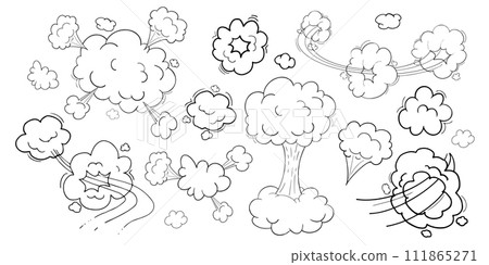 Comic motion effect, clouds speed way, trail set fast wind swirl, puff poof elements isolated on white background. Blow explosion Comic motion effect, clouds speed way, trail set fast wind swirl, puff poof elements isolated on white background. Blow explosion 111865271