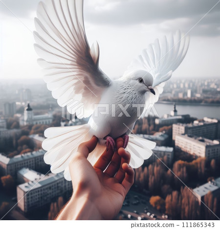 close up photo A white dove of peace flies over Ukraine. 111865343