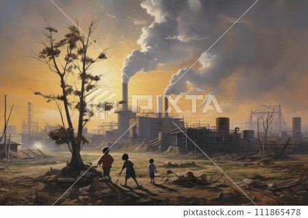 AI-generated content. Children Observing Industrial Pollution at Sunset 111865478