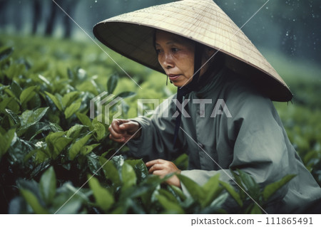 AI-generated content. Traditional Tea Picker in Rainy Field 111865491