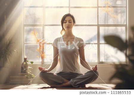 AI-generated content. Woman Meditating in Sunlit Room 111865533