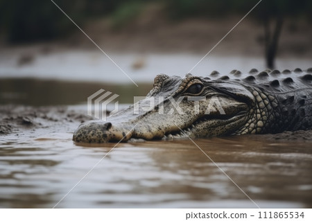 AI-generated content. Close-Up of Crocodile Lurking in Water 111865534