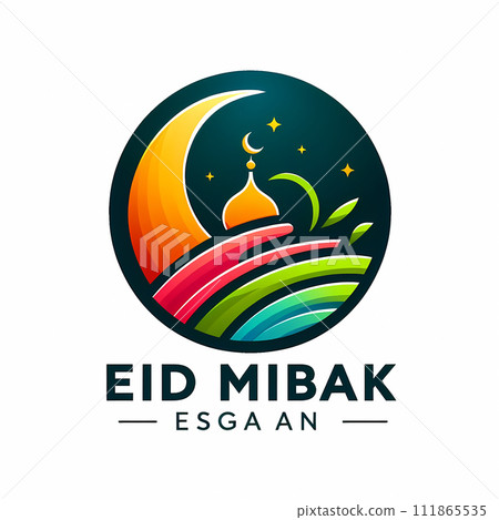 AI-generated content. Clean Eid Mubarak badge, minimalist aesthetic, vivid colors, incorporating "Eid Mubarek" text 111865535
