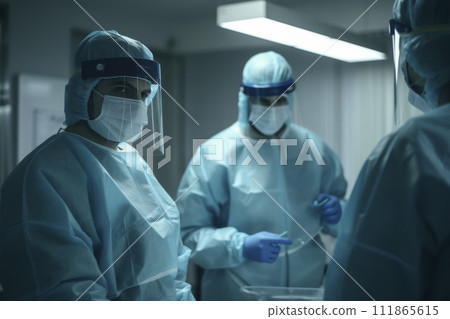AI-generated content. Medical team in blue protective gear performing surgery 111865615