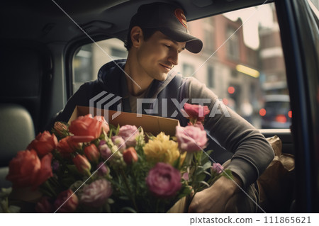 AI-generated content. Delivery Man Smiling with Fresh Flowers in Car 111865621