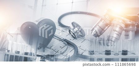 Double exposure microscope and Young woman scientific using equipment in the laboratory for research.Biotechnology,development,chemical,vaccine,Photo concept experimentation and research. 111865698