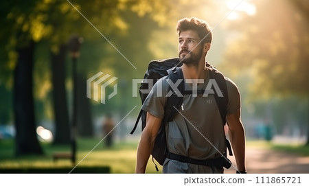 A man with a backpack enjoys nature while walking, embodying urban fitness and the trend of rucking for exercise 111865721