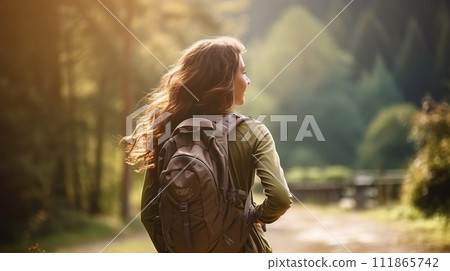 A woman in bright sportswear and sneakers, doing fitness outdoors, rucking, active jogging with a bright backpack on their back in a summer park, epitome of urban fitness trekking A woman in bright sportswear and sneakers, doing fitness outdoors, rucking, active jogging with a bright backpack on their back in a summer park, epitome of urban fitness trekking 111865742